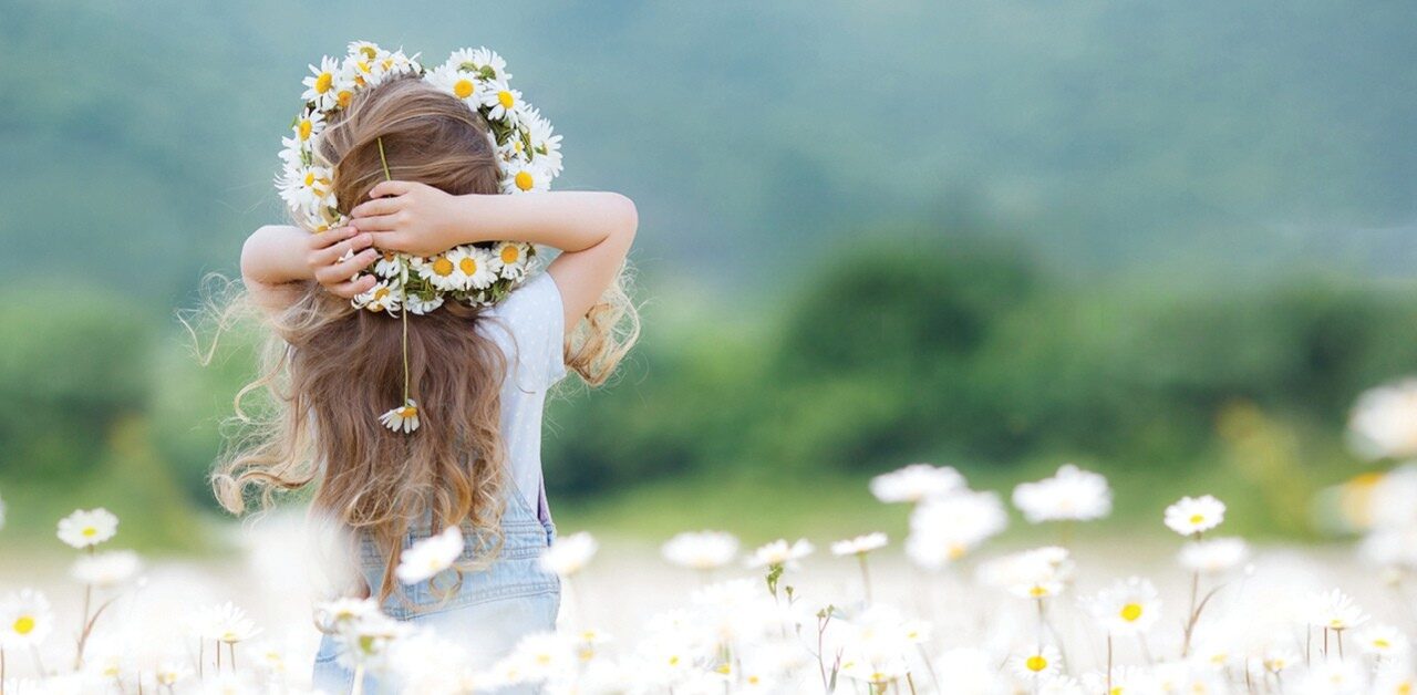 Little girl playing in a field of daisies, representing the natural, nontoxic materials of the Kiwi Organic Mattress